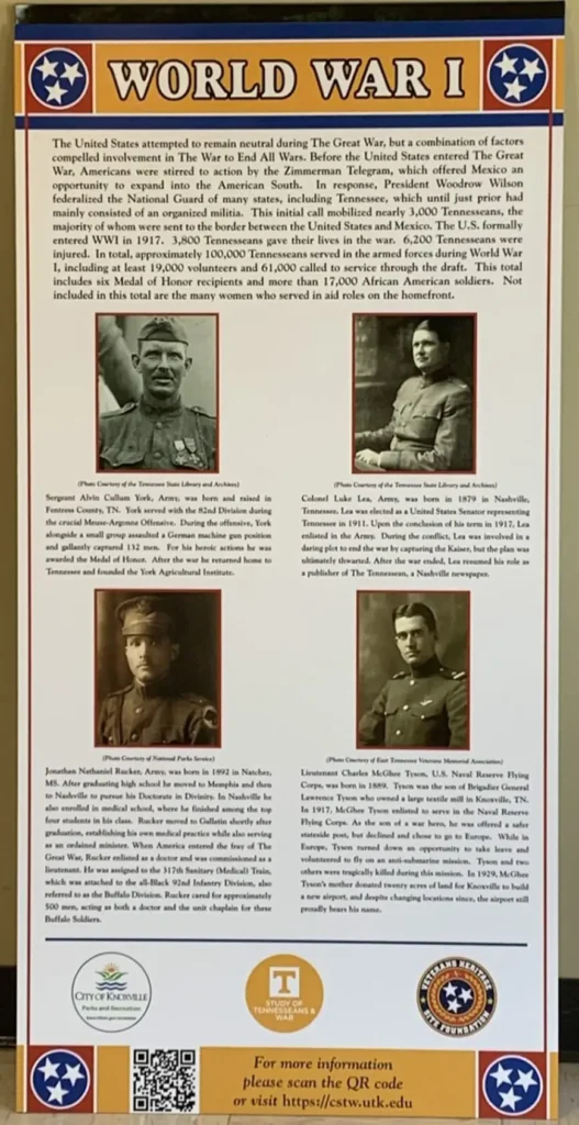 World War I Board at Sharp’s Ridge Veterans Memorial Park in Knoxville, TN.