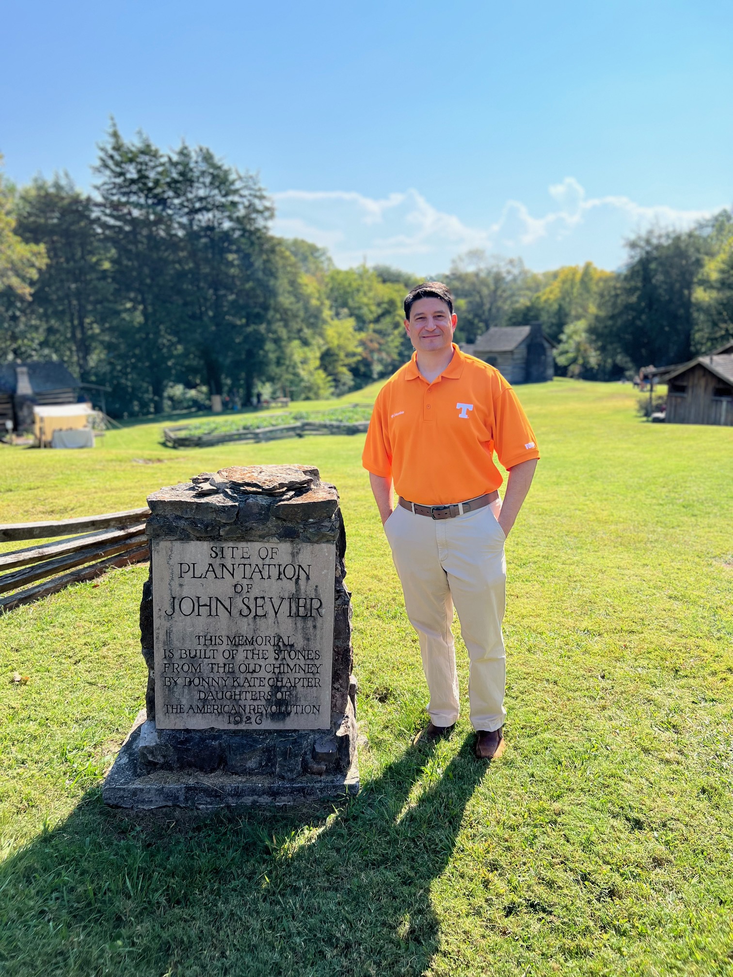 Dr. Chris Magra stands near the marker for John Sevier after he spoke at Sevier Day, celebrating John Sevier's 280th birthday.