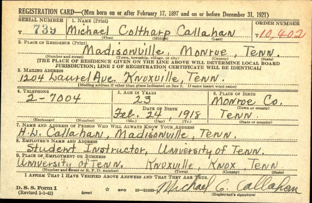 Callahan draft card.