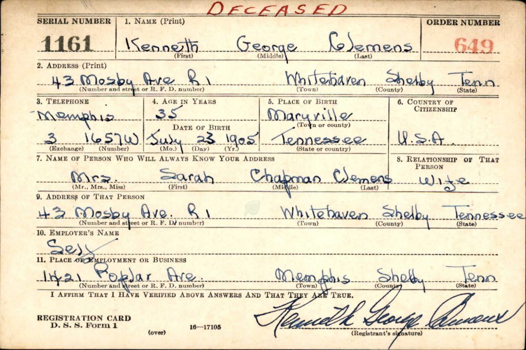Clemens draft card