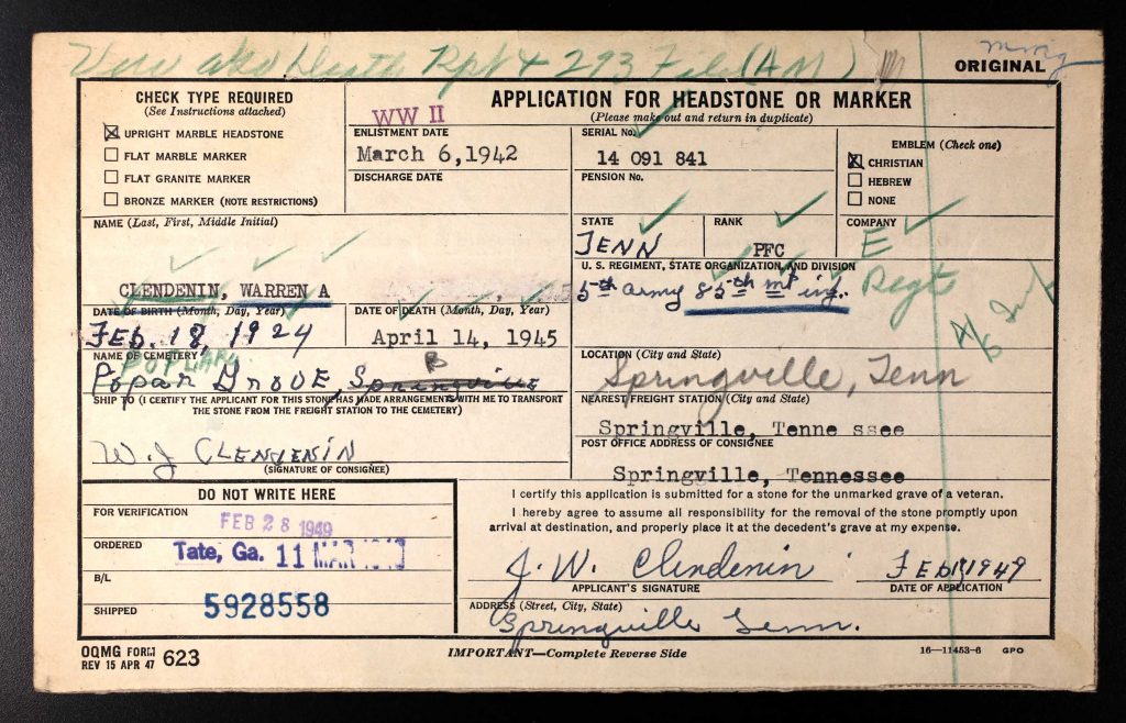 Clendenin's headstone application