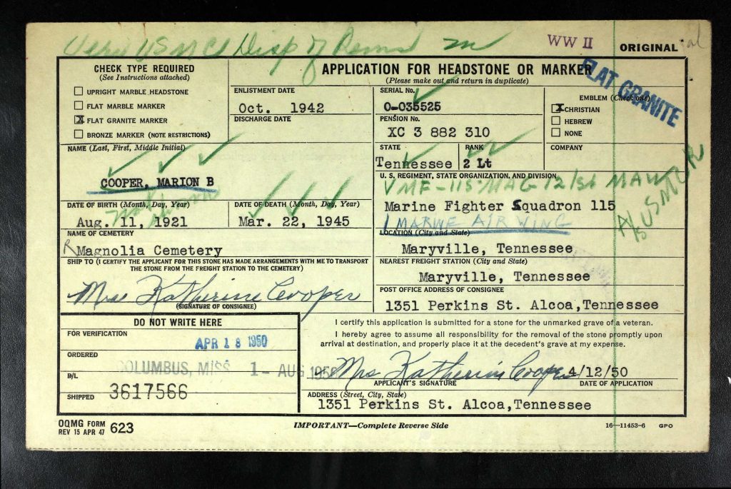Cooper headstone application