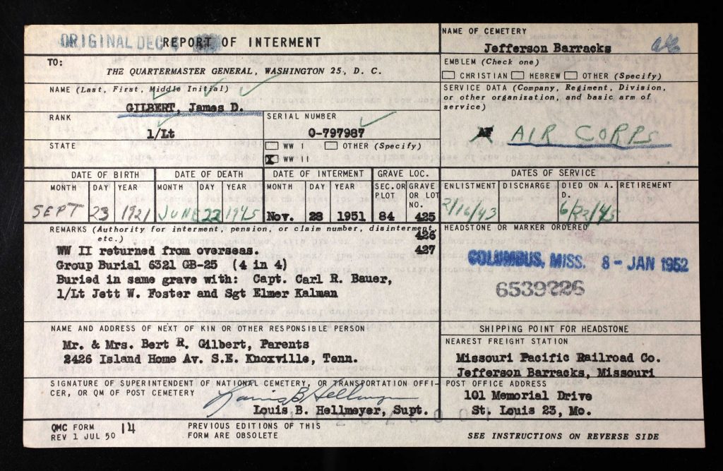 Headstone application for James Douglas Gilbert