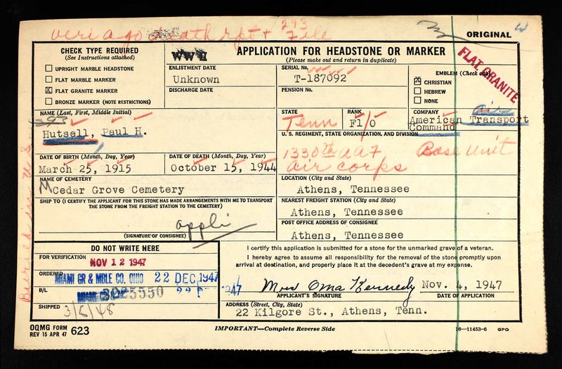 Hutsell application for headstone